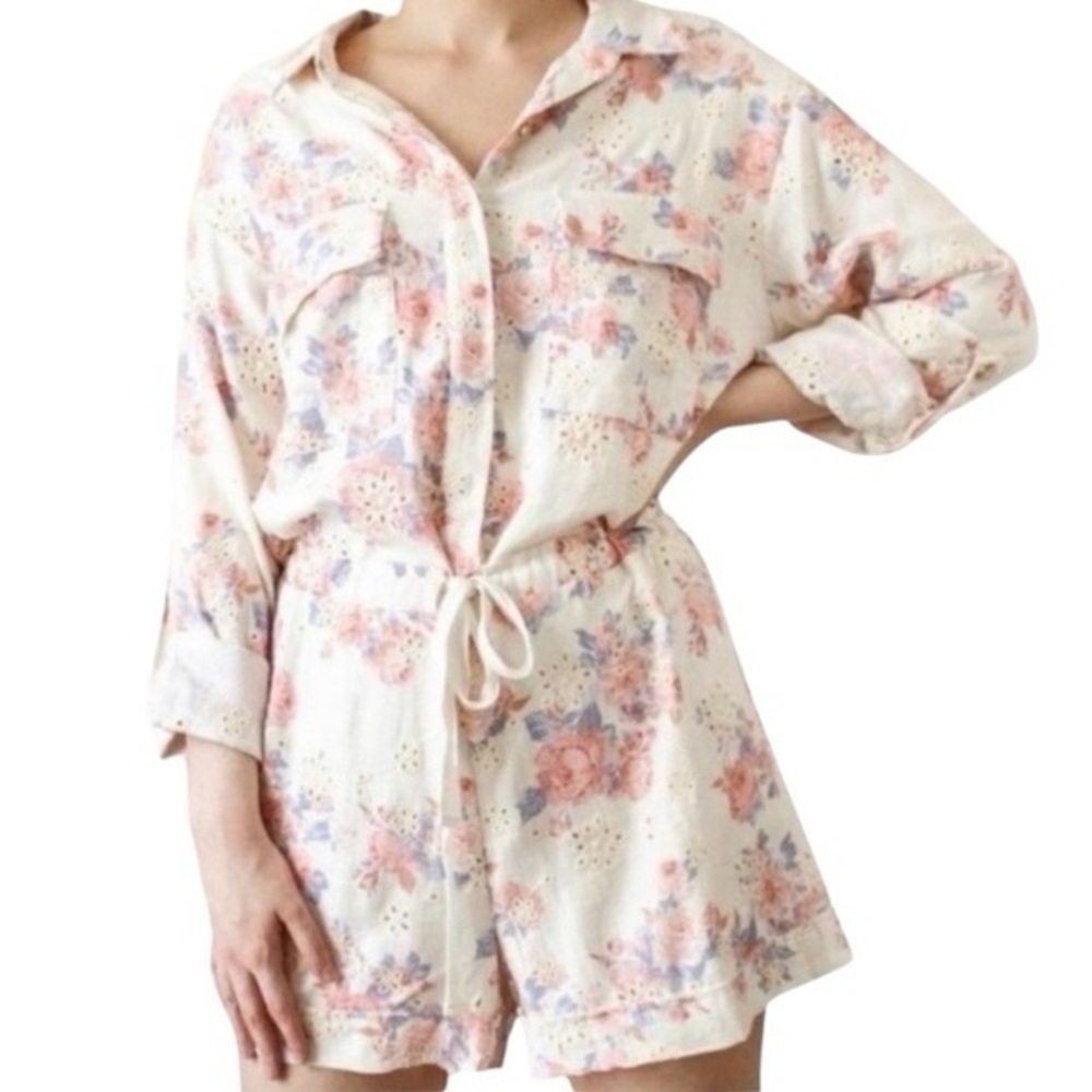 NEW A Collective Story Linen Blend Floral Print Eyelet Romper in Ivory Pink